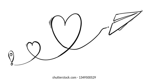 hand drawn doodle paper plane with love route travel illustration