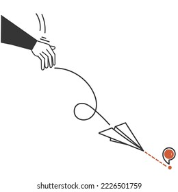 hand drawn doodle paper plane flying with gps line illustration