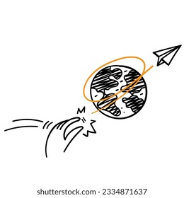 hand drawn doodle paper plane flying on world map illustration vector