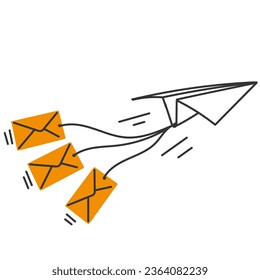 hand drawn doodle paper plane holding email illustration