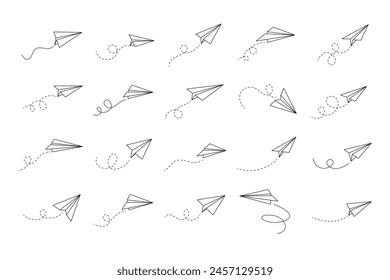 Hand drawn doodle paper plane set. isolated planes flight path. Line airplane icon travel, route. . Vector illustration