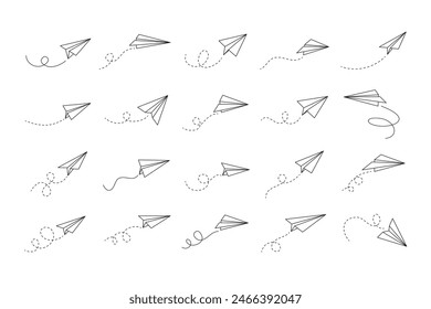Conjunto de planos de papel de garabato dibujado a mano. Icono de avión de línea, recorrido, ruta. No. Ilustración vectorial