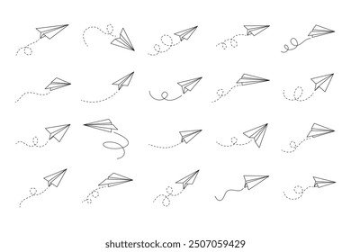 Hand drawn doodle paper plane set. isolated planes flight path. Line airplane icon travel, route. . Vector illustration