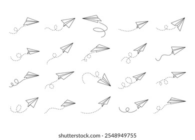Hand drawn doodle paper plane set. isolated planes flight path. Line airplane icon travel, route. . Vector illustration