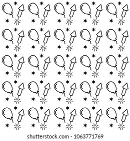 Hand drawn doodle party background with air balloons and fireworks