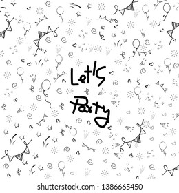 Hand drawn doodle party background with air balloons. 