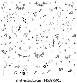 Hand drawn doodle party background with air balloons.