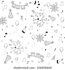 Hand drawn doodle party background with air balloons.