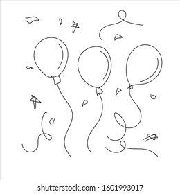 Hand drawn doodle party background with air balloons, fireworks, confetti, and bunting flags garlands.