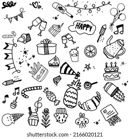 Hand drawn doodle party background with air balloons and more.vector EPS10.Happy pattern concept.
