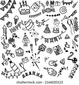 Handgezeichneter Dodle-Party-Hintergrund mit Luftballons und mehr.Vektor EPS10.