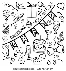Hand drawn doodle party background with air balloons, fireworks, confetti, and bunting flags garlands.