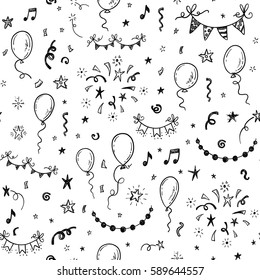 Hand drawn doodle party background with air balloons, fireworks, confetti, and bunting flags garlands.