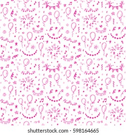 Hand drawn doodle party background with air balloons, fireworks, confetti, and bunting flags garlands.