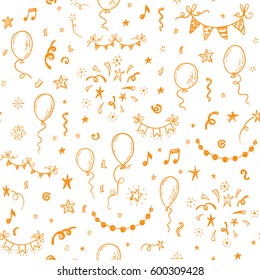 Hand Drawn Doodle Party Background With Air Balloons, Fireworks, Confetti, And Bunting Flags Garlands.