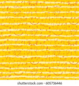Hand drawn doodle party background with air balloons, fireworks, confetti, and bunting flags garlands.