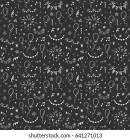 Hand drawn doodle party background with air balloons, fireworks, confetti, and bunting flags garlands on a blackboard