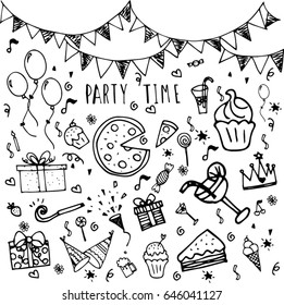 Hand drawn doodle party background with air balloons, fireworks, confetti,cake,ice-cream,gift ,and bunting flags garlands.