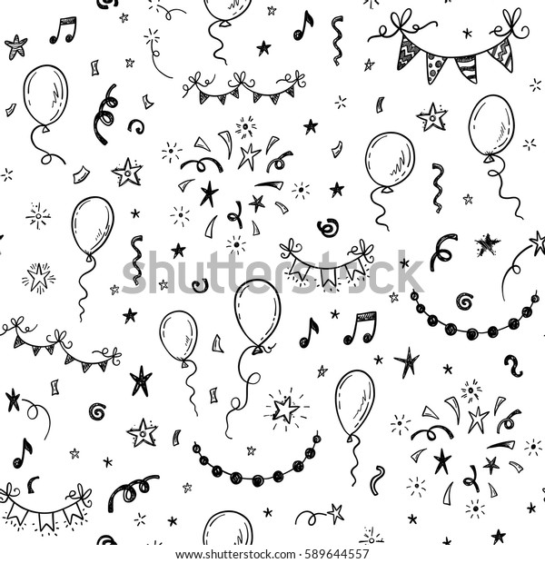 風船 花火 紙吹雪 文旗の飾りと手描きの落書きパーティ背景 のベクター画像素材 ロイヤリティフリー