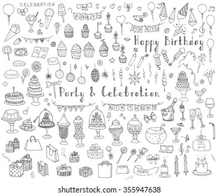 Hand drawn doodle Party and Celebration Concept Vector illustration Sketchy Party icons set Happy Birthday Party elements Carnival festive icons Gifts, Hat, Cake, Bow, Drink, Firework, Sweets, Flags