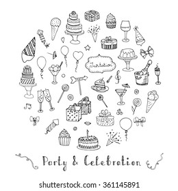 Hand drawn doodle Party and Celebration Concept Vector illustration Sketchy Party icons set Happy Birthday Party elements Carnival festive icons Gifts, Hat, Cake, Bow, Drink, Firework, Sweets, Flags