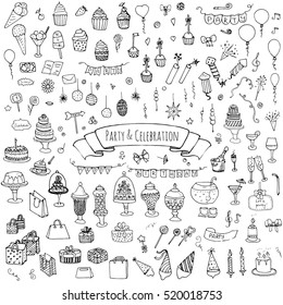 Hand drawn doodle Party and Celebration icons set Vector illustration Sketch Party concept Happy Birthday Party elements Carnival festive icons Gifts, Hat, Cake, Bow, Drink, Firework, Sweets, Flags