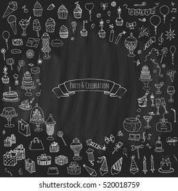 Hand drawn doodle Party and Celebration icons set Vector illustration Sketch Party concept Happy Birthday Party elements Carnival festive icons Gifts, Hat, Cake, Bow, Drink, Firework, Sweets, Flags