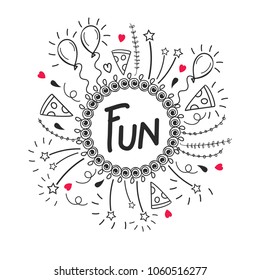 Hand Drawn Doodle Party Frame, Set of Objects.