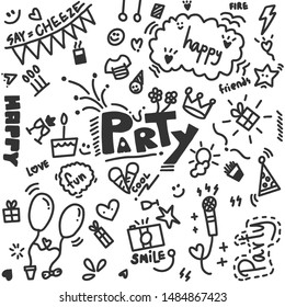 Hand drawn, doodle party set can use for design, Party concept.

