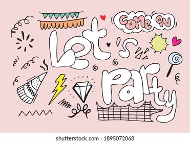 Hand drawn, doodle party set isolated on pink background.Sketch icons for invitation, flyer, poster.
