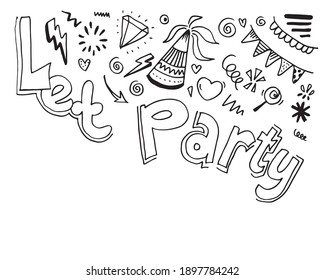 Hand drawn, doodle party set isolated on white background.Sketch icons for invitation, flyer, poster.