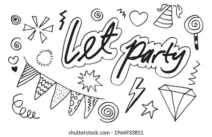 Hand drawn, doodle party set isolated on white background.Sketch icons for invitation, flyer, poster.