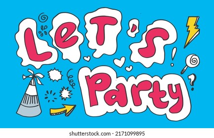 Hand drawn doodle party set on blue background. Sketch icons for invitation, flyer, poster.