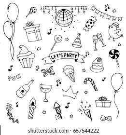 Hand drawn, doodle party set. Cerebrate decoration vector design illustrator.