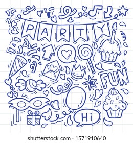 Hand drawn, doodle party set,Objects and symbols on the Party element,seamless background doodle vector