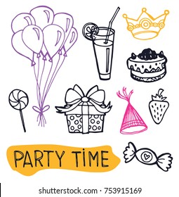 Hand drawn doodle party time set