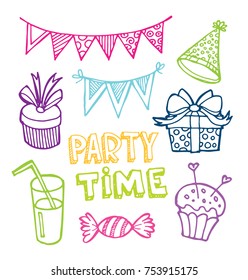 Hand drawn doodle party time set