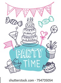 Hand drawn doodle party time set