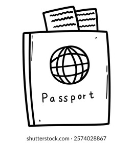 Hand drawn doodle passport and tickets isolated on white background. Vector illustration.