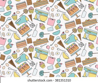 Hand drawn doodle Pastry set background seamless pattern. Colored vector illustration