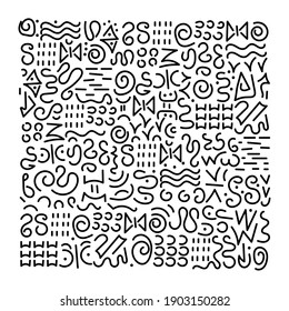 Hand drawn Doodle pattern. Abstract signs and elements, ancient writing. Monochrome vector background.