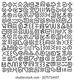 Hand drawn Doodle pattern. Abstract signs and elements, ancient writing. Monochrome vector background.