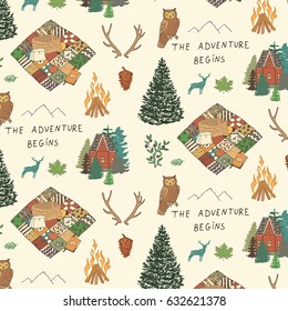 Hand drawn doodle pattern the adventure begins.