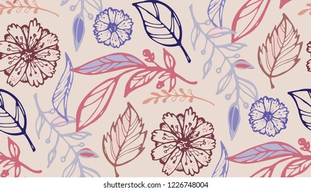 Hand drawn doodle pattern background with floral template 