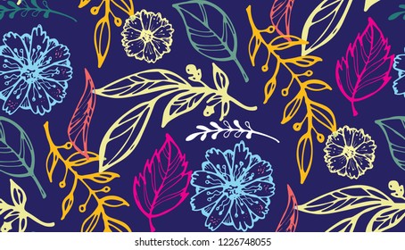Hand drawn doodle pattern background with floral template 