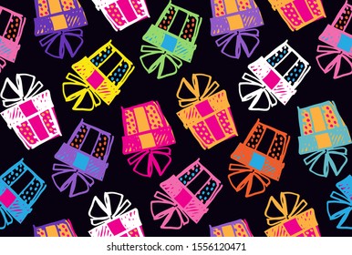 Hand drawn doodle pattern background with present gift box.
