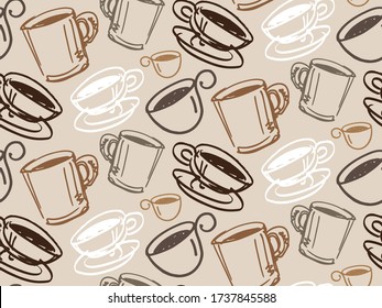 Hand drawn doodle pattern background - coffee time. Coffee cup texture.