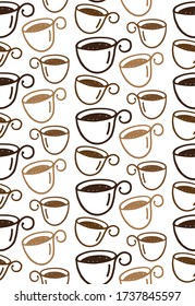 Hand drawn doodle pattern background - coffee time. Coffee cup texture.