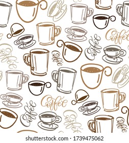 Hand drawn doodle pattern background - coffee time. Coffee cup texture.