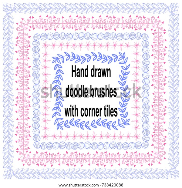 Hand drawn doodle\
pattern brushes with corner tiles. set of unusual square and round\
frames for decoration